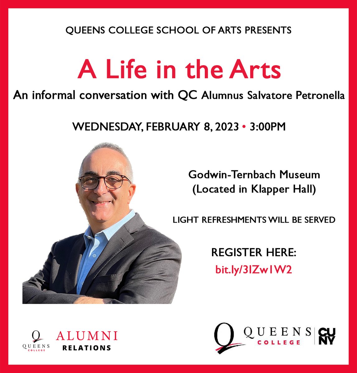 QC_Alumni's tweet photo. Join us on Wed, Feb 8th for "A Life in the Arts: An informal conversation with QC Alumnus Salvatore Petronella".
The event will be from 3-4:30pm in the Godwin-Ternbach Museum, located in Klapper Hall. RSVP: https://t.co/5kXjWwONxO
.
.
#queenscollege #qcalumni #qcalumninetwork #qc https://t.co/0mHP4rVnuy
