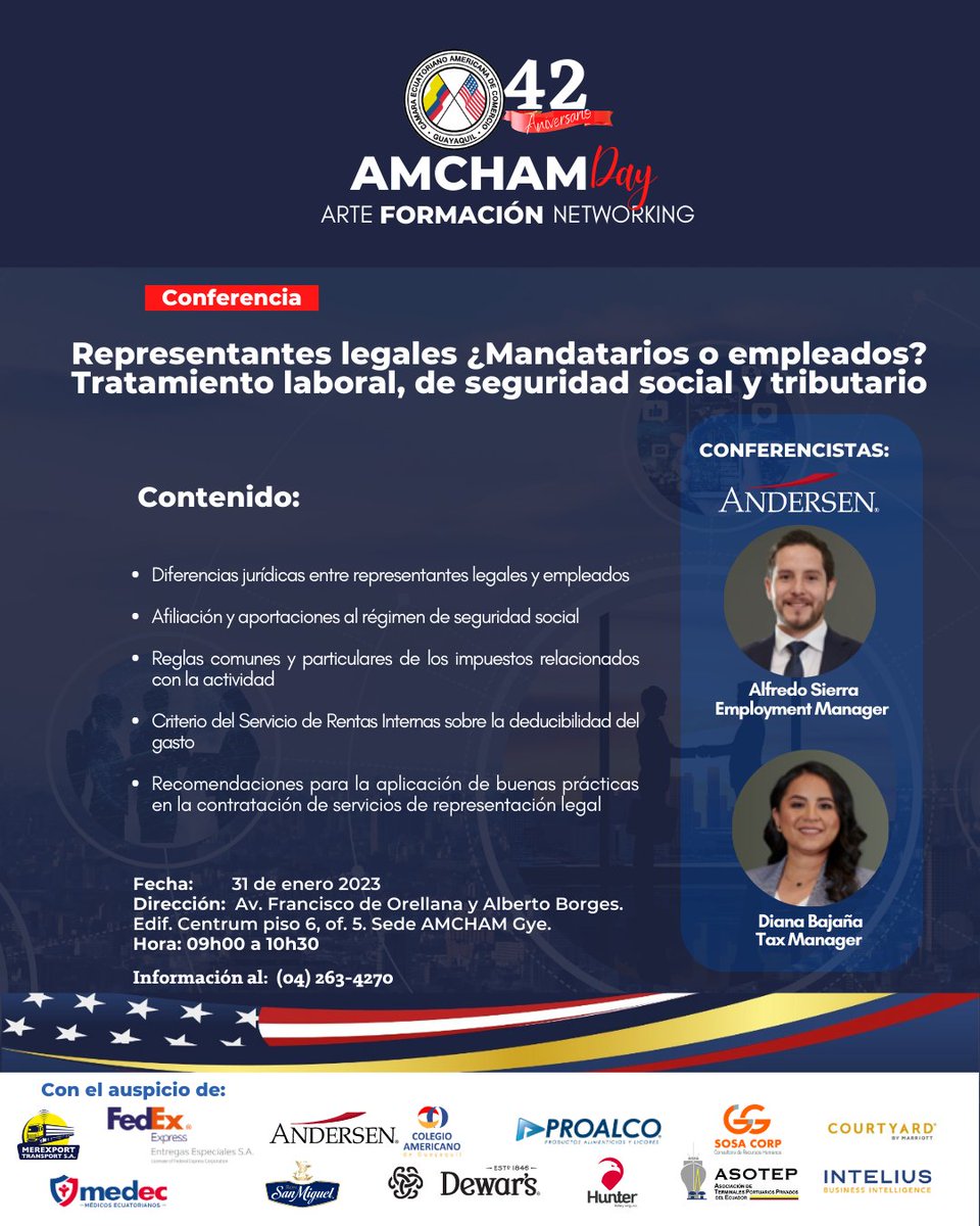 amchamgye's tweet photo. 🎉¡Amigos y socios🎉
¡Nuestro #AMCHAMDay será el 31 de enero! 
Recordaremos nuestros 42 años de vida institucional, con una experiencia única de arte y formación con un ciclo de conferencias abiertas al público. 

@ChairAmchamGYE @josepileggi @AlexiaAlcivar @edithvillavic https://t.co/5lLe3ot4Hc
