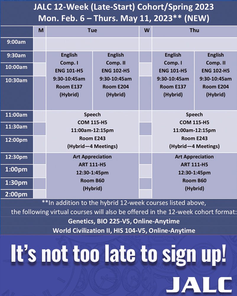 JALCollege's tweet image. It&apos;s not too late to start! 12-week Cohort begins two weeks from today on Monday, February 6th! Schedule an appointment with your advisor today!
.
.
.
#JALC #JALCUnited #SpringCohort #SpringSemester #College #CommunityCollege