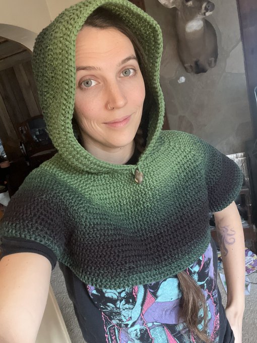 Progress on a hoodie I&rsquo;m crocheting for myself. I sewed a hag stone I found on the beach last summer