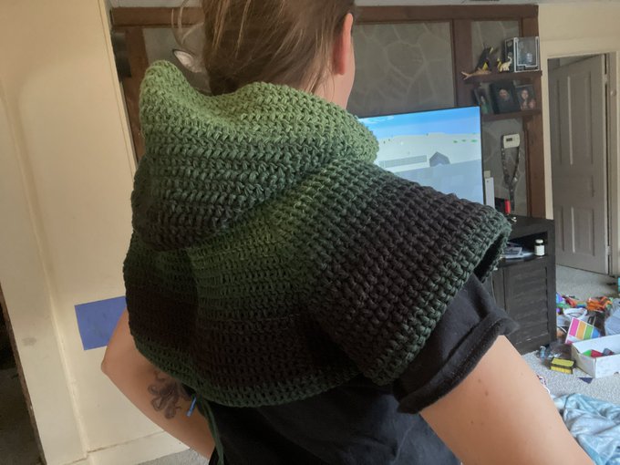 Progress on a hoodie I&rsquo;m crocheting for myself. I sewed a hag stone I found on the beach last summer