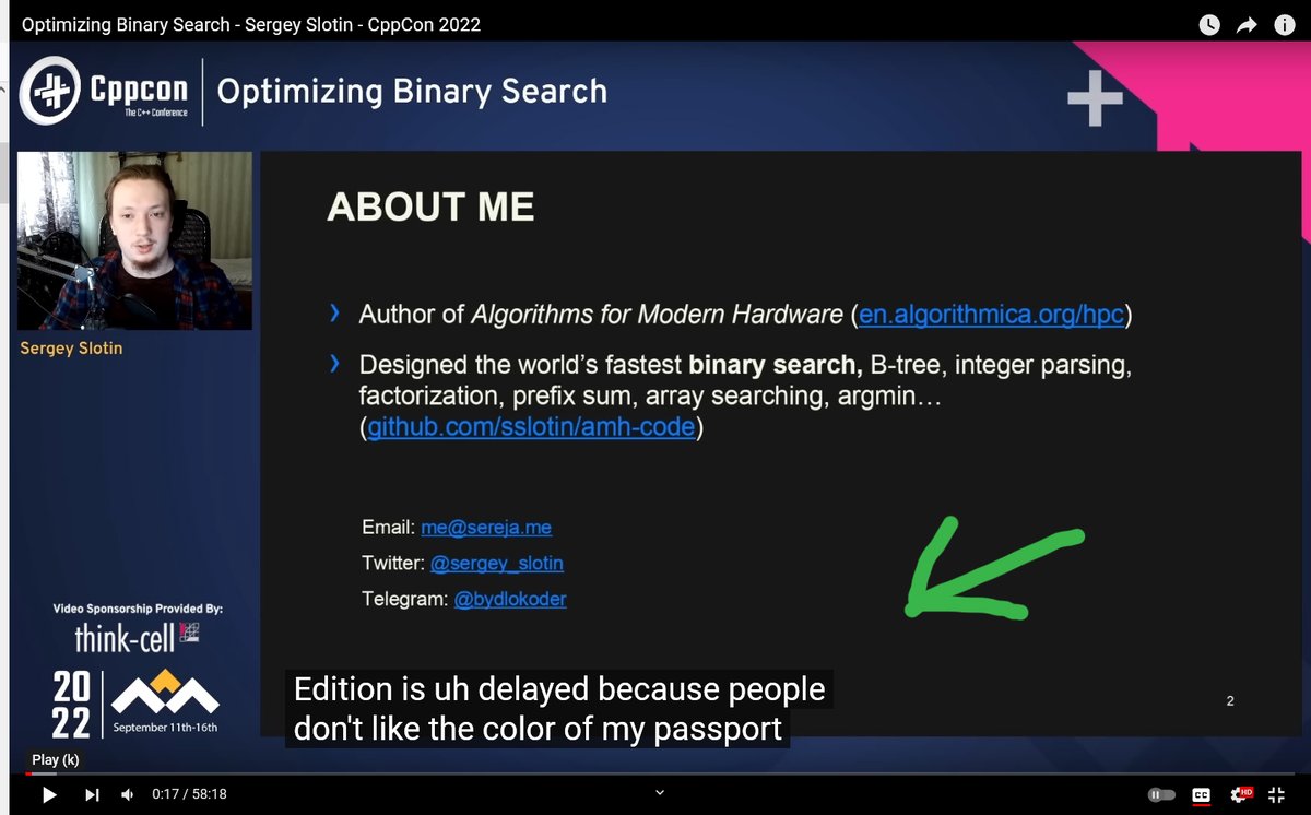 lama_redpajama's tweet image. Happy to inform everyone that #cpp #cppcon @CppCon "The conference for the entire C++ community" invited russian genocide supporter to give him nice platform for this kind of propaganda:
You can't call Sergey Slotin an "uneducated repressed man with lack of information"