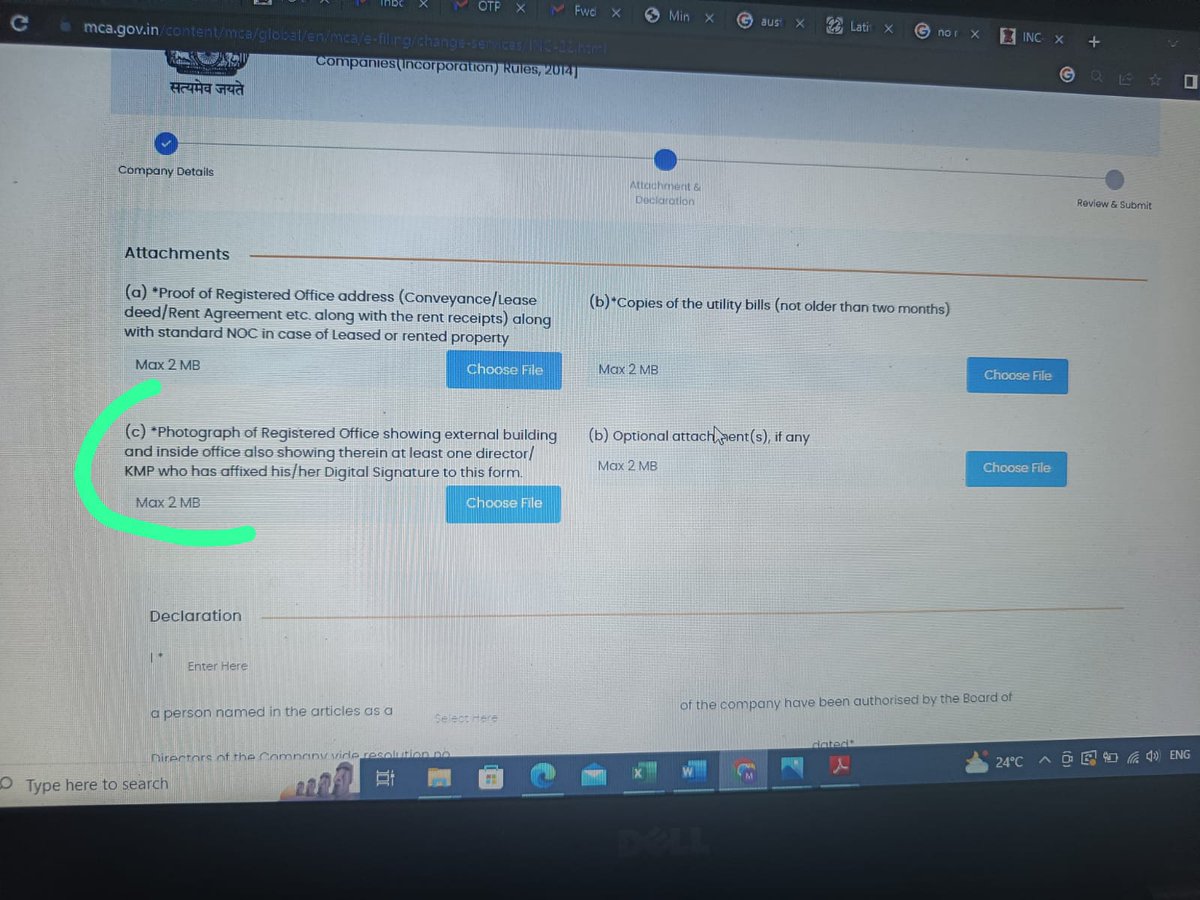 Ravel_LLP's tweet photo. MCA V-3 Update :

Now it is mandated to attach 
- Registered Office External Building Photo and
- Inside Building photo with one director/ KMP who is signing the form in Inc 22.

#mca #ca #taxupdates https://t.co/RPpwWFOLTp