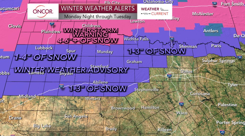 oncor's tweet photo. (1/2) Oncor #WeatherCurrent Update - Since Monday morning, some additional counties have been added to a Winter Weather Advisory for Tuesday. Meteorologist @KaitiBlake says counties in purple could see 1-3" of snow on Tuesday. https://t.co/EOuNWDGbGE