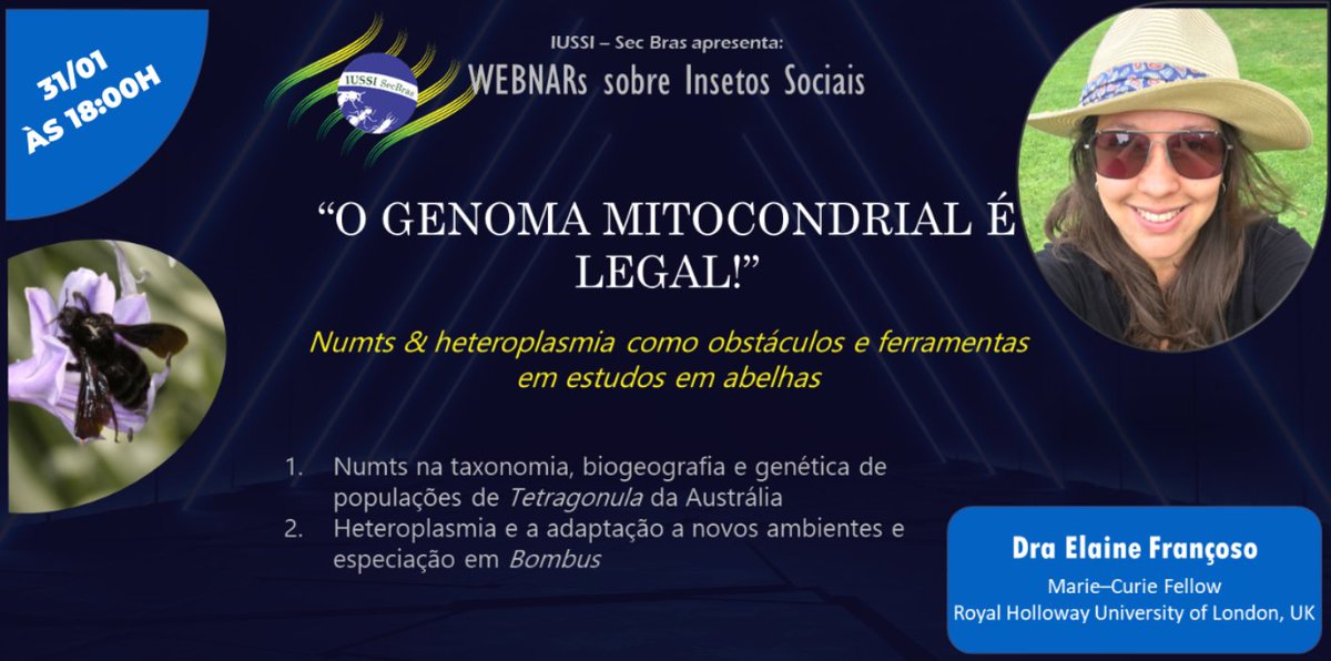 Webinar Sobre Insetos Sociais - dia 31/01 às 18h00
"O DNA mitocondrial é legal!", Dra. Elaine Françoso, Royal Holloway University of London, UK. 
youtu.be/50IS87CBVZo