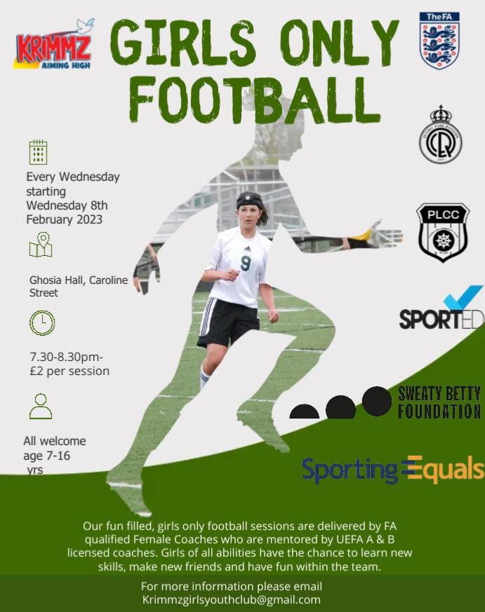 Following from the success of our taster session last December, KRIMMZ GIRLS YOUTH CLUB will now be delivering regular football sessions with qualified female coaches.
Please see poster for details and form attached for those who wish to take part.
 forms.gle/oiRdKVqL5FePjc…