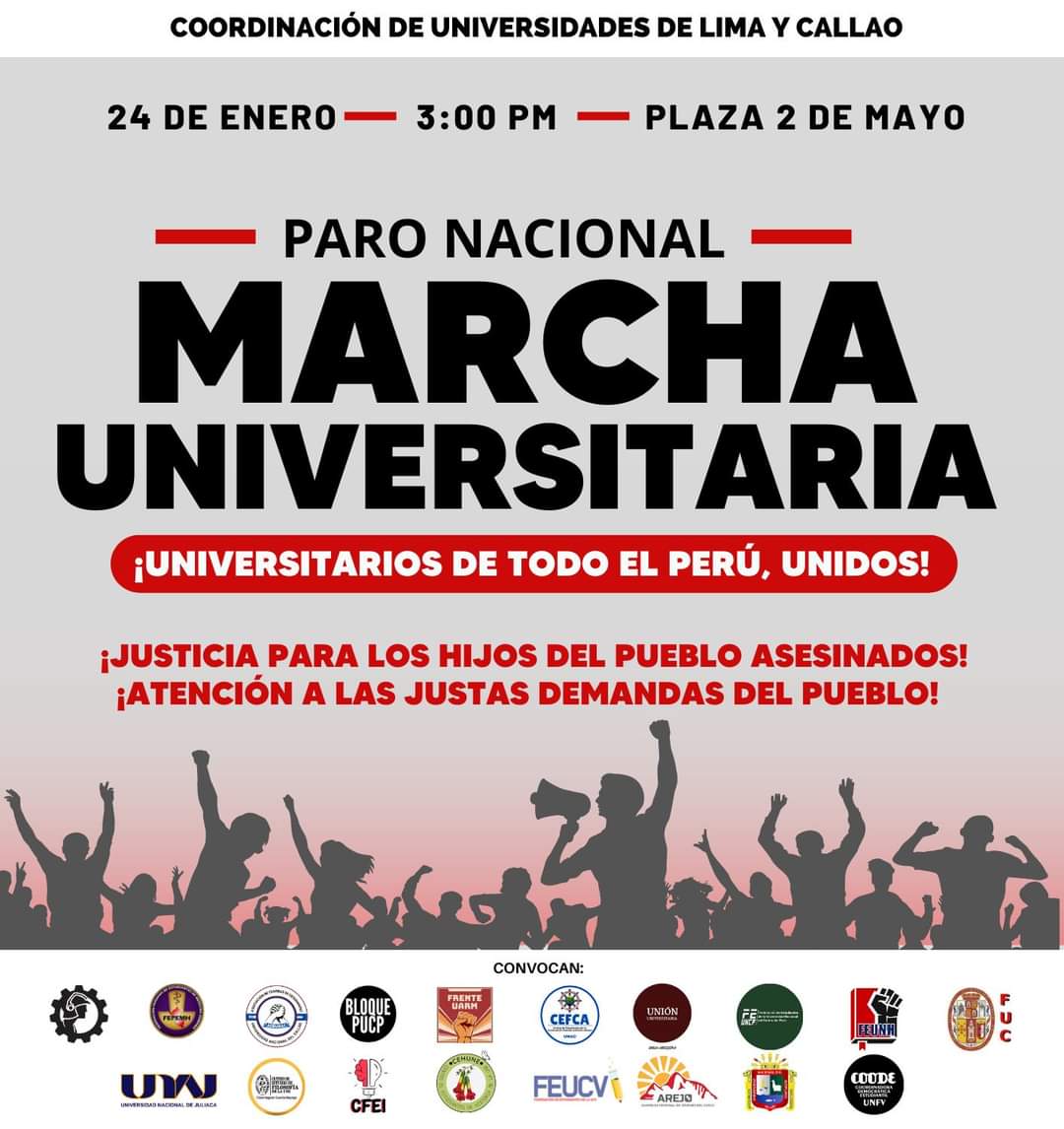 #ATENCIÓN I MARCHA UNIVERSITARIA

Desde la Coordinación de Universidades de Lima y Callao junto a los gremios estudiantiles de las regiones como Cusco, Puno, Huancavelica, Junín, Huancayo, etc convocamos a MARCHA NACIONAL.