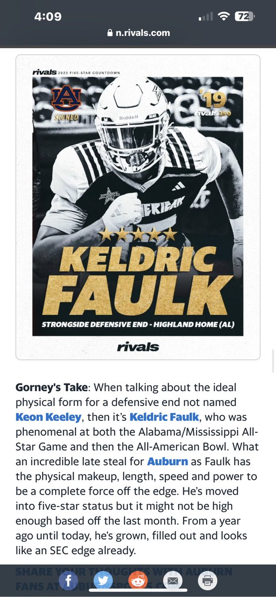 SquadronFB's tweet photo. @FaulkKeldric left Highland for the Plains of @AuburnFootball this month, but heโs still making big moves. This week, Keldric moved into five star status. War Squadron!
Keep up the good work, guys! #SquadronPride https://t.co/KrUt44LNkk