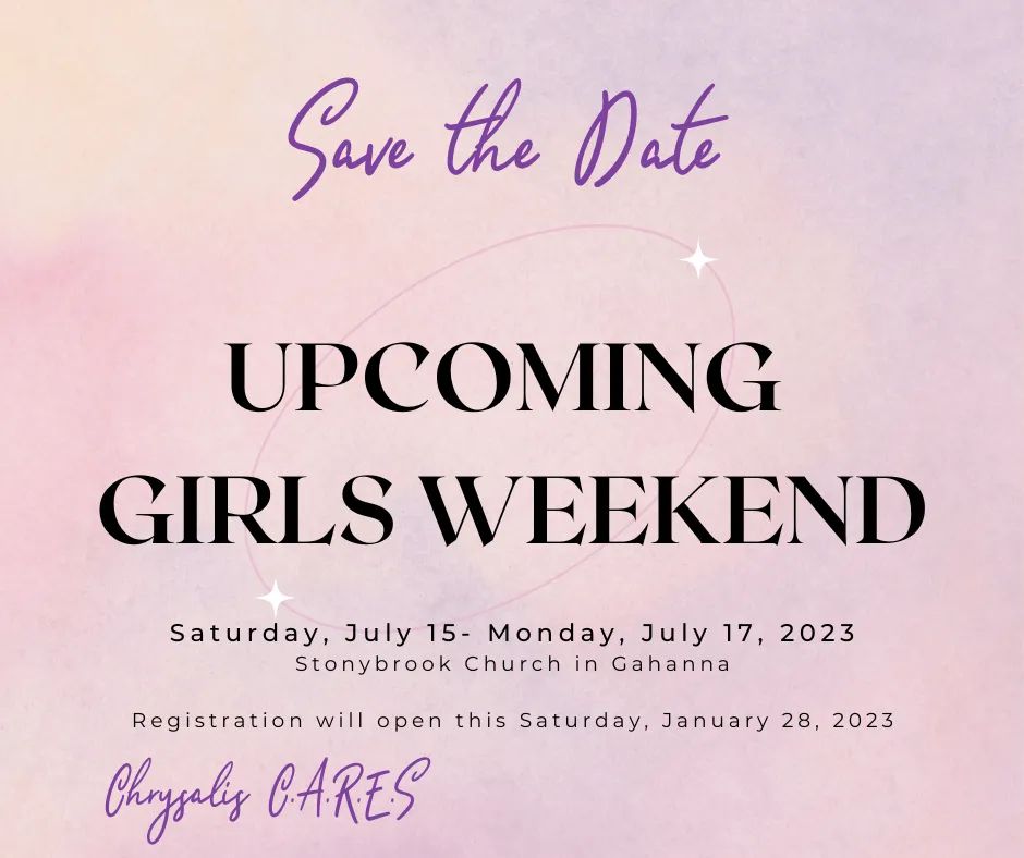 ChrysalisCARES's tweet photo. We are excited to announce that we will having a Girls Chrysalis weekend this Summer! Please save the date, the weekend will be Saturday, July 15 to Monday, July 17, 2023, at Stonybrook Church in Gahanna!

Registration will open this Saturday, January 28, 2023! https://t.co/wwZ4KaoTb3