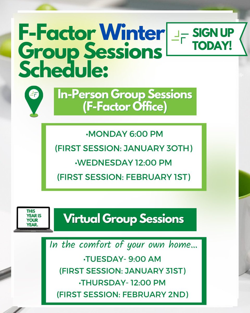 Winter Group Sessions are now open! Take the first step to start living your best life! It’s never too late to change your life, each day is an opportunity to take a deliberate step in the right direction.
Sign up today- info@ffactor.com