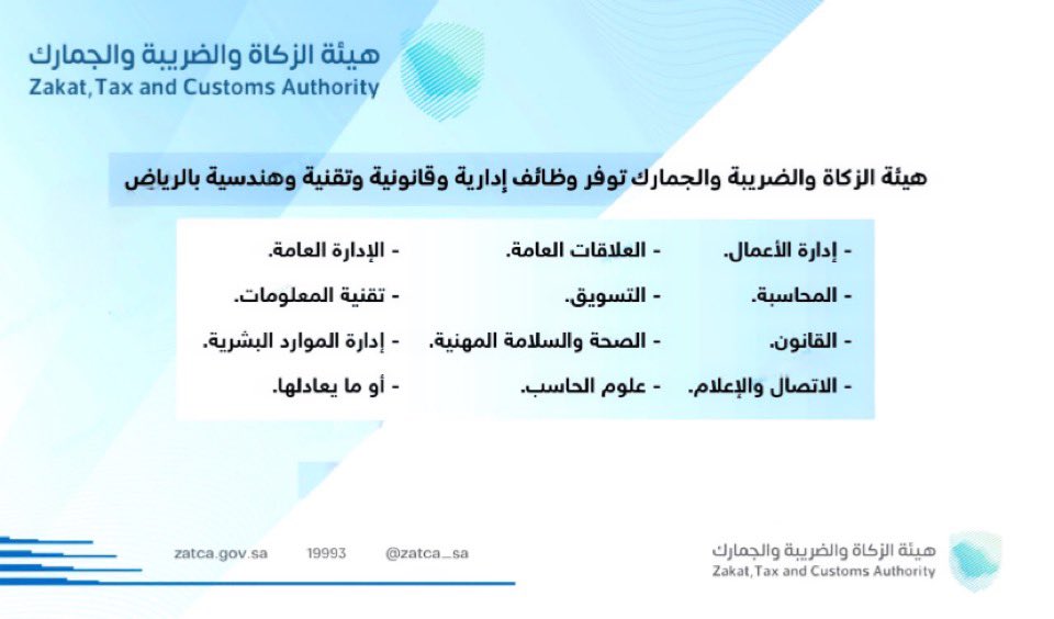 jobsforsaudis's tweet image. (🔴) عدد (15) #وظيفة شاغرة في (هيئة الزكاة):

تعلن #هيئة_الزكاة_والضريبة_والجمارك عن فتح التوظيف للتخصصات (إدارة أعمال، إدارة عامة، علاقات عامة، إتصال، تسويق، قانون، أنظمة، شريعة، علوم حاسب، تقنية معلومات، نظم معلومات، صحة وسلامة مهنية).

🔗رابط( bit.ly/3XSQfF4)
