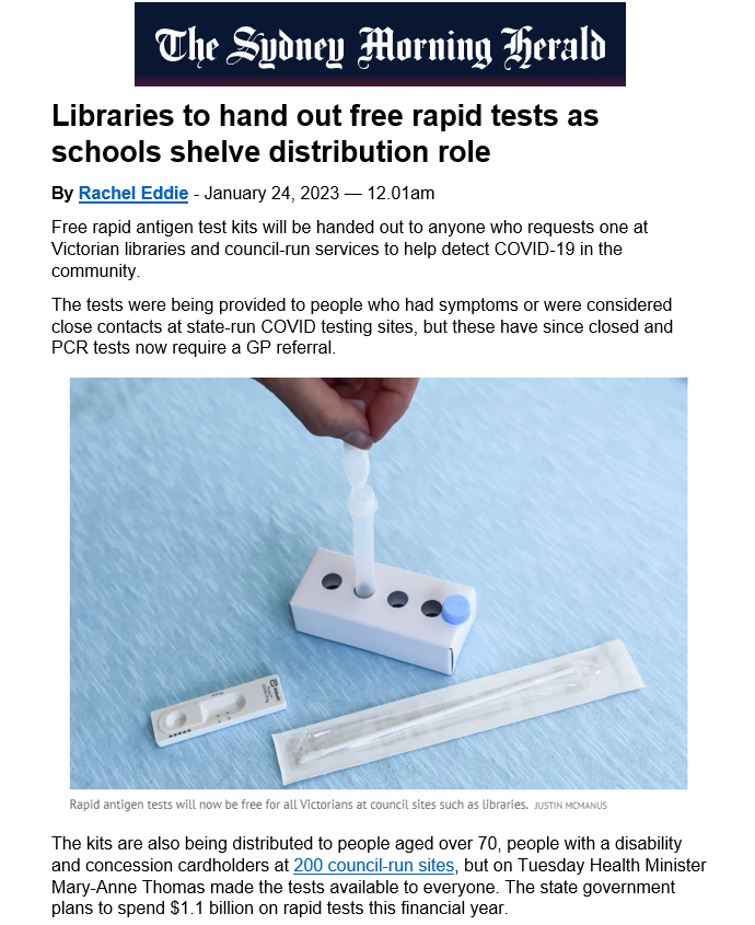 BigBadDenis's tweet photo. Free rapid antigen test kits will be handed out to anyone who requests one at Victorian libraries and council-run services to help detect COVID-19 in the community.
#COVID19Vic #FreeRATs
Source: https://t.co/wtYQxsqpEc https://t.co/E1UiO1xTP6