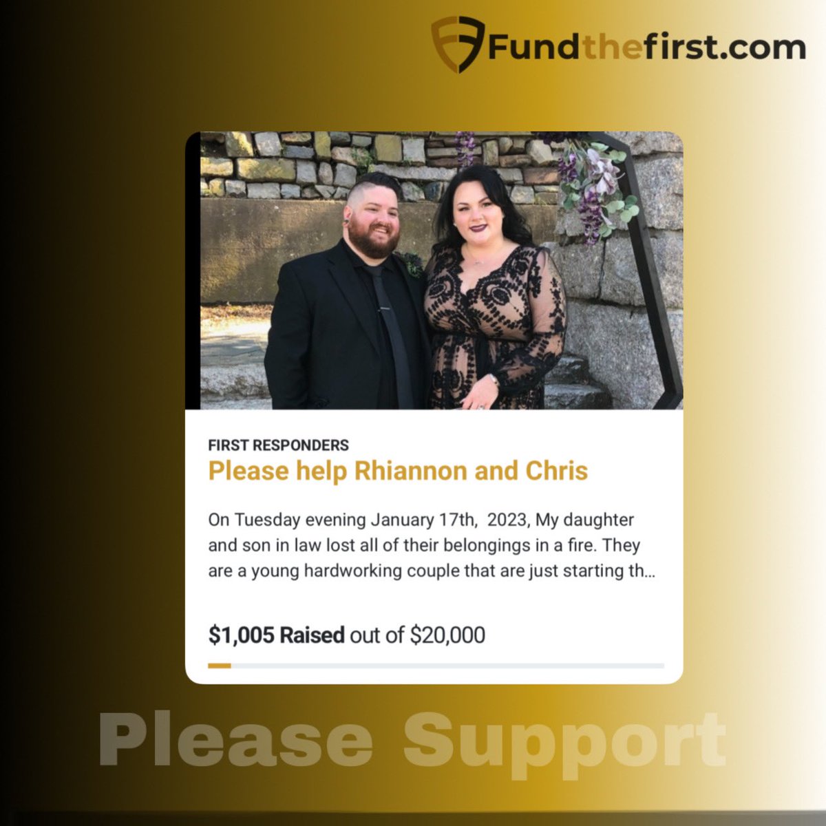FundtheFirst's tweet photo. Please help these young newly weds recover from a tragic fire that caused them to lose all of their belongings. Anything helps! #fundthefirst #newyork #firstresponders #newlyweds https://t.co/FQGX6Og2tB