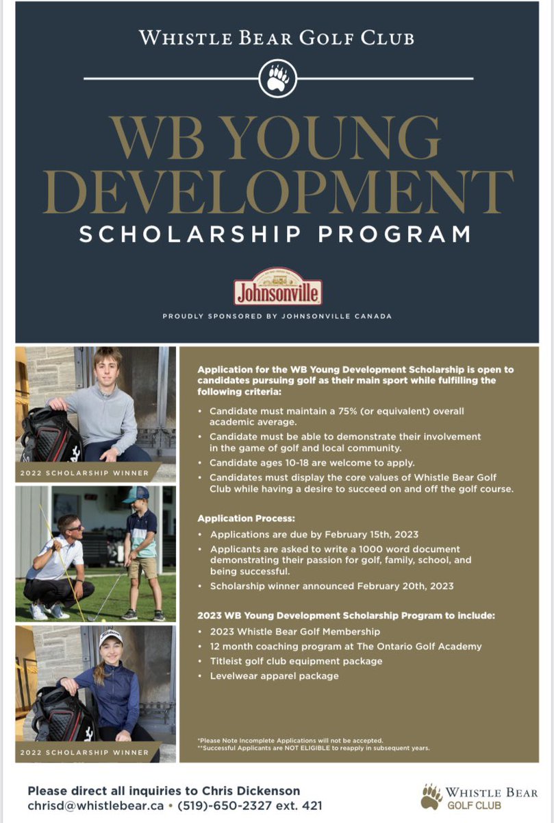 Applications for the WB Young Development Scholarship is now open to candidates pursuing golf as their main sport. 

Candidates must display the core values of Whistle Bear Golf Club while having a desire to succeed on and off the golf course.