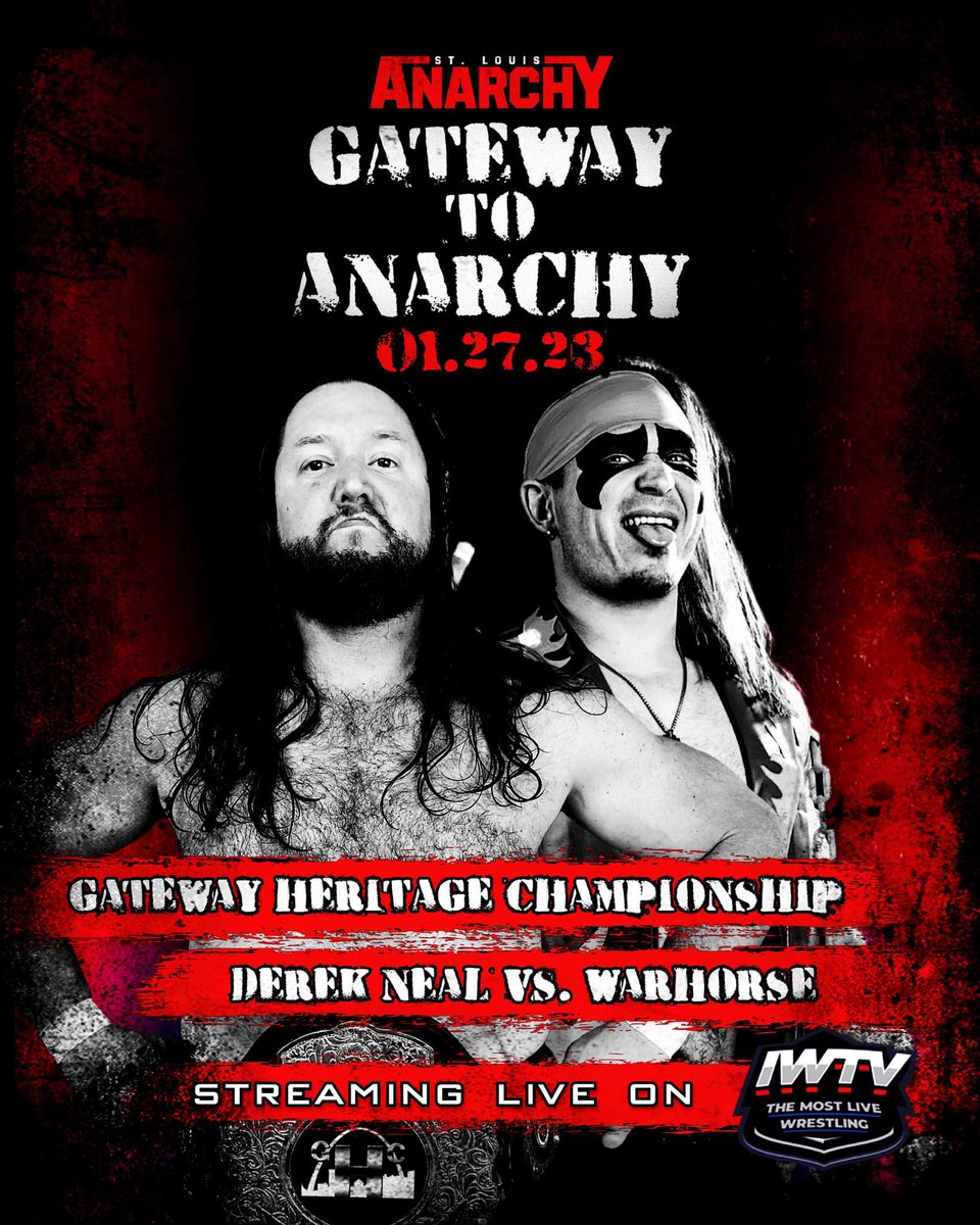 stlanarchy's tweet photo. Your main event for Friday night @DerekNeal91 defends the Gateway Heritage Championship against @JPWARHORSE .  Tickets are available at https://t.co/V5S8GGkrBn.   Help us hit walk in goal.  Remember we return LIVE to @indiewrestling 7pm CT.   #GTA23 https://t.co/NWZfabUq7R