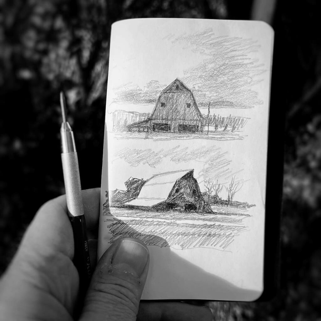 alexzorch's tweet photo. Old barn along 13 highway #oldbarn #oldbarns #sketchingdaily #sketchingart #urbansketcher #pencil #moleskin #tinyjournal #tinysketchbook #tinysketch #blackwingpencil #oldtruck #barns #farm #oldfarm https://t.co/4IvQeKts8l https://t.co/Gfz1VBmVI8