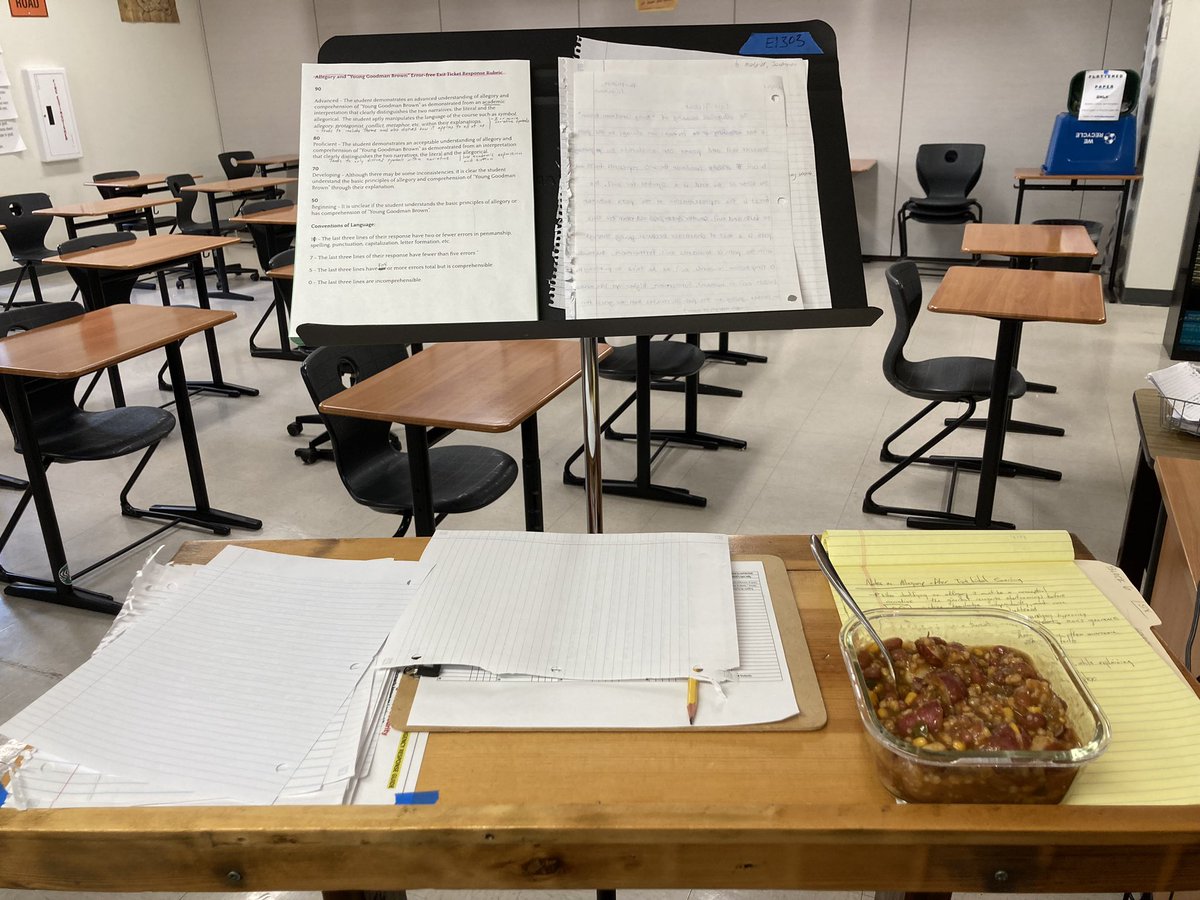 My lunch/grading set-up.  The music stand for long sessions of essay scoring is a neck saver. #teacherhacks