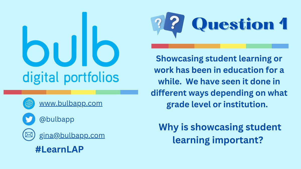 bulbapp's tweet image. Q1: Why is showcasing student learning important? #LearnLAP
#TechLAP #GiftedEDU #tlap #educators #gtchat #txed #nt2v #elemchat #leadership #CrazyPLN #FutureEdChat #LeaderEdChat #t2tchat