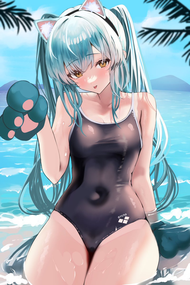 :p 1girl animal ears animal hands bangs beach black one-piece swimsuit  illustration images