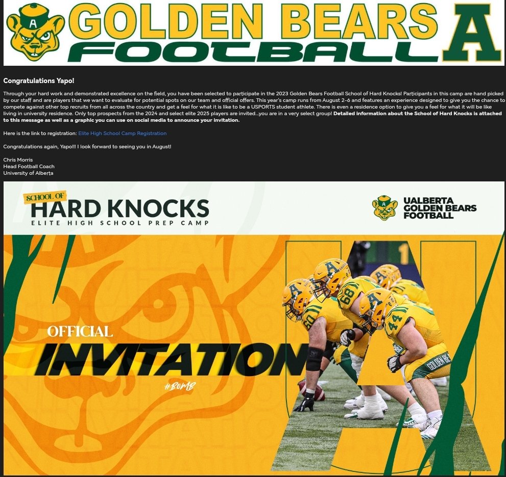 Thank you @UACoachMorris and <a href="/UABearsFootball/">University of Alberta Football</a> for the camp invite.