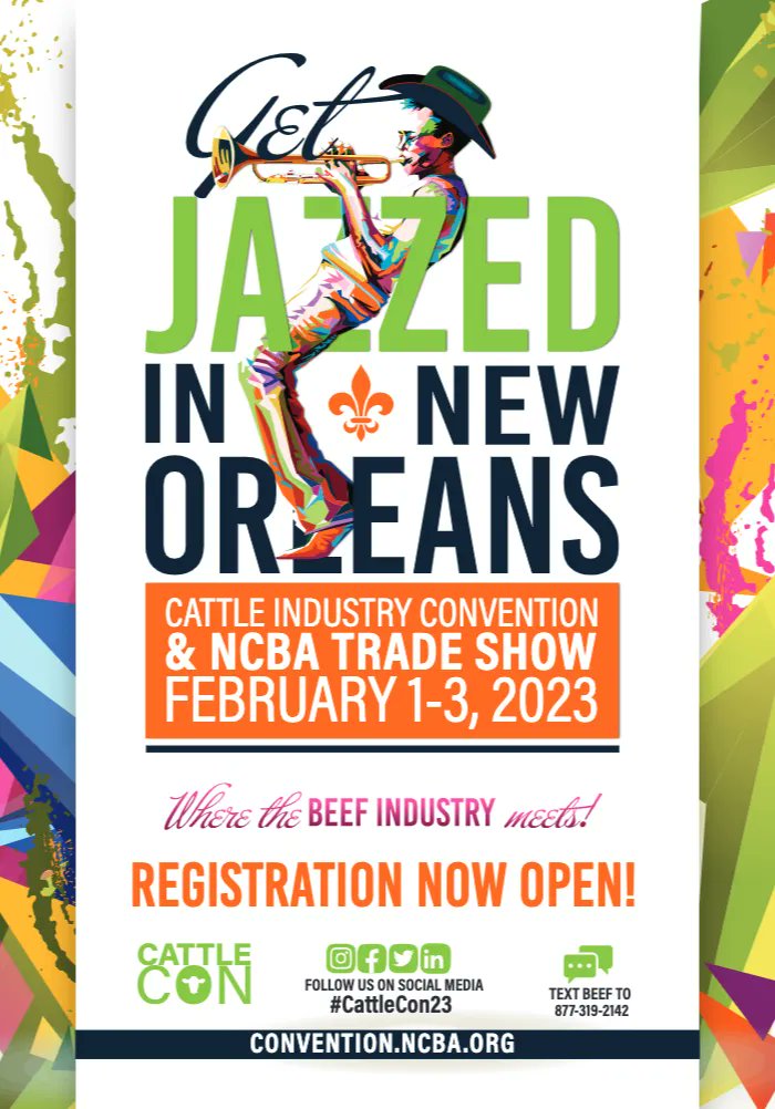 CALFNews's tweet image. February 1-3, NCBA will host its annual Cattle Industry  Convention and Trade Show in New Orleans. It's time to #getjazzed -- will you be there? 

#NCBA #cattleindustry #cattlefarming #agindustry #ag #cattle