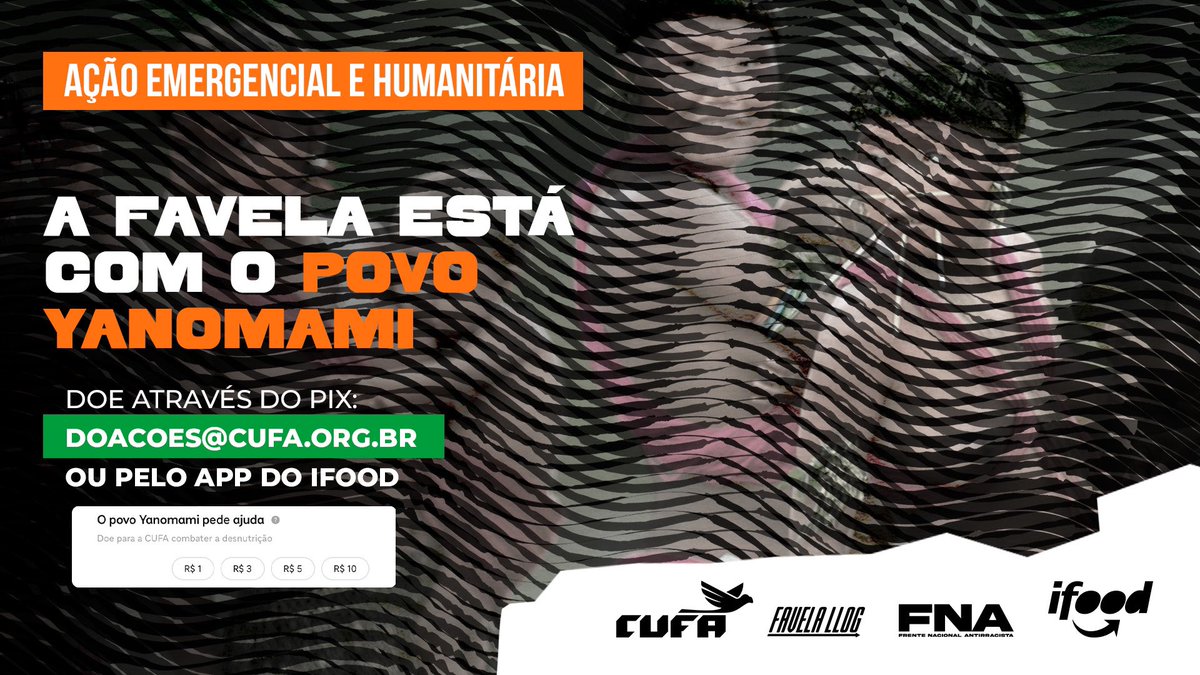 O povo Yanomami pede socorro!

O <a href="/iFoodNewsBrasil/">iFood News</a> e <a href="/iFood/">iFood</a> uniu forças com a CUFA e a <a href="/FNAntirracista/">Frente Nacional Antirracista</a> para arrecadar doações e levar alimento às famílias Yanomami em Roraima. 

Vamos juntos ajudar as muitas crianças e adultos em situação de subnutrição neste exato momento.