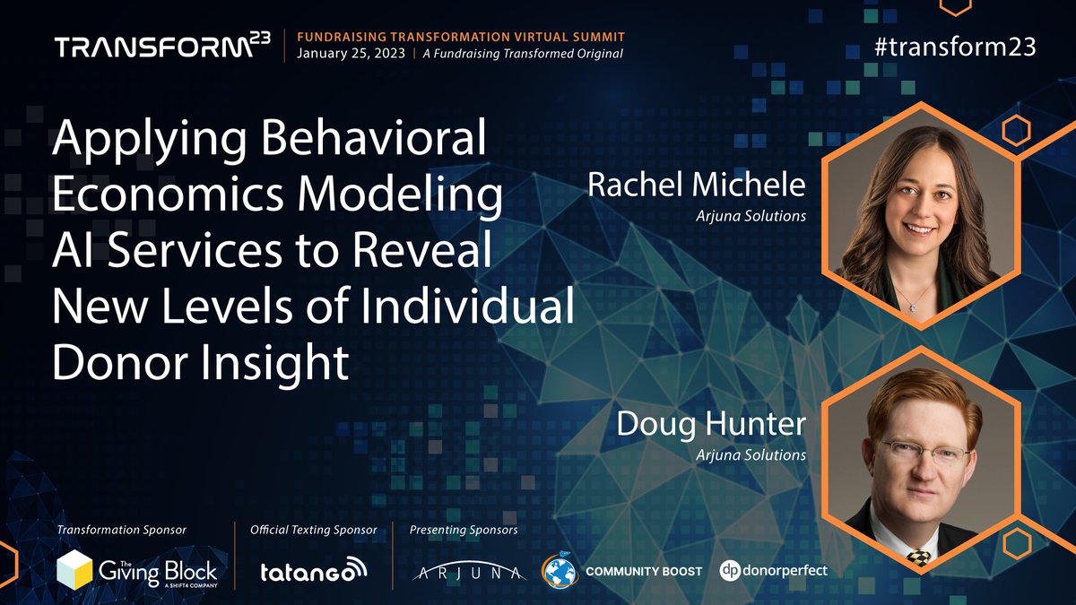 arjunasolutions's tweet photo. Weds, Jan 25, 12:30 pm ET: Join Rachel Michele &amp; Doug Hunter at #TRANSFORM2023 for “Using Behavioral Economics Modeling Al Services to Reveal New Levels of Donor Insight”

This is a free, virtual conference for nonprofits. REGISTER: https://t.co/za2JhZAva9

#NextLevelFundraising https://t.co/40SxNaXi53