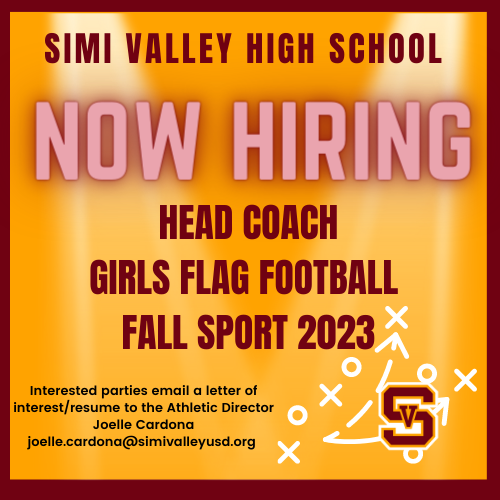 svhspioneers's tweet photo. Now hiring: Head Girls Flag Football Coach for the Fall 2023 Season! Be apart of our inaugural season! Email a letter of interest and athletic resume to the Athletic Director, Joelle Cardona. joelle.cardona@simivalleyusd.org https://t.co/fUgwDZlq5R