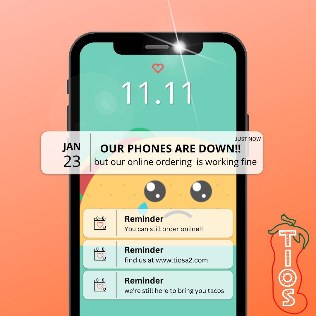 Our phones are down! But our online ordering is still going strong &amp; we’re still here to deliver the best tacos &amp; margs in town, all night long 💚🌮