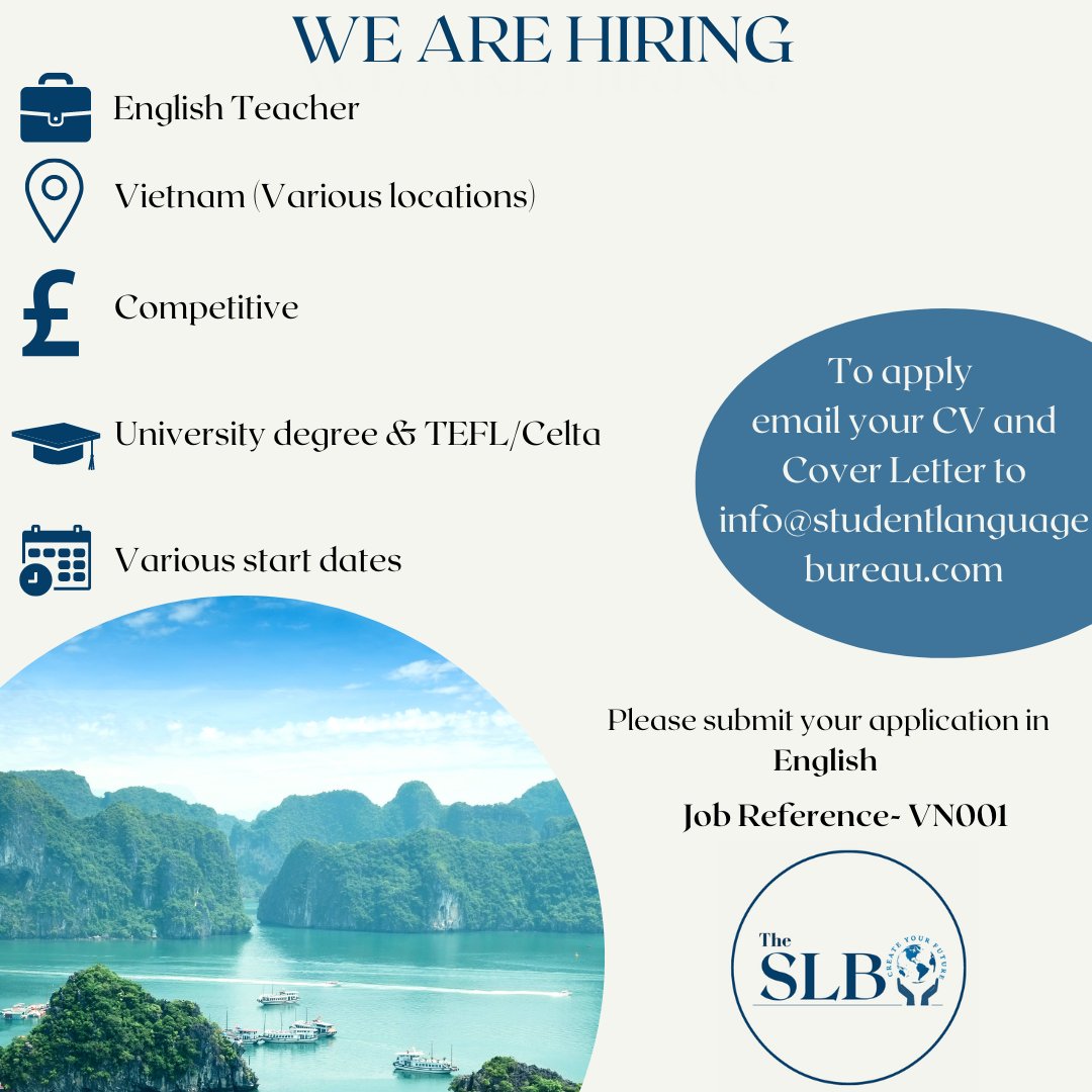 SLB_UK's tweet photo. ✨#TEFL opportunity in #Vietnam✨

💼 English Teacher
📍Vietnam
💷 Competitive
🗓Various start dates
🔗https://t.co/oN91xXe1gj
 
If you are interested in this role, email your CV &amp; Cover letter with the reference 'VN001' to info@studentlanguagebureau.com

#tefljobs #hiring https://t.co/b42yttLcXk