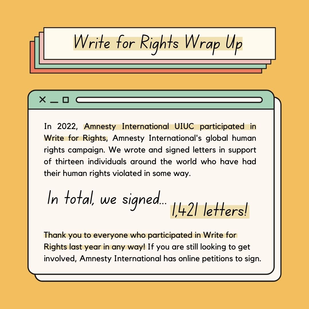 In 2022, we participated in #WriteforRights, writing and signing letters in support of 13 individuals around the world. We signed a total of 1,421 letters!

Thanks you to everyone who took part in #WriteforRights! We look forward to doing this with all of you next year!