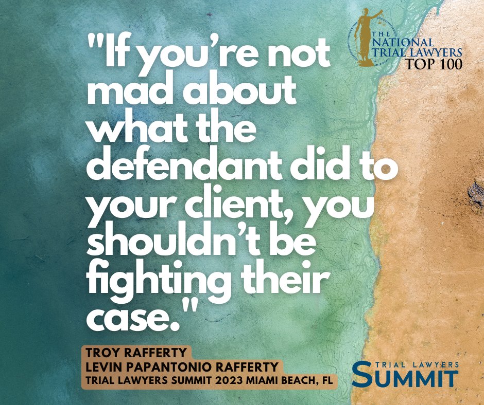 LevinPapantonio's tweet photo. LPR Attorneys Troy Rafferty and Andy Childers drove this message home at the Trial Lawyers Summit 2023 in Miami Beach. Being mad on behalf of your client is integral to a successful trial, and it all starts with telling your client’s story, the attorneys explained. #NTLSummit https://t.co/pHElhRhTAk