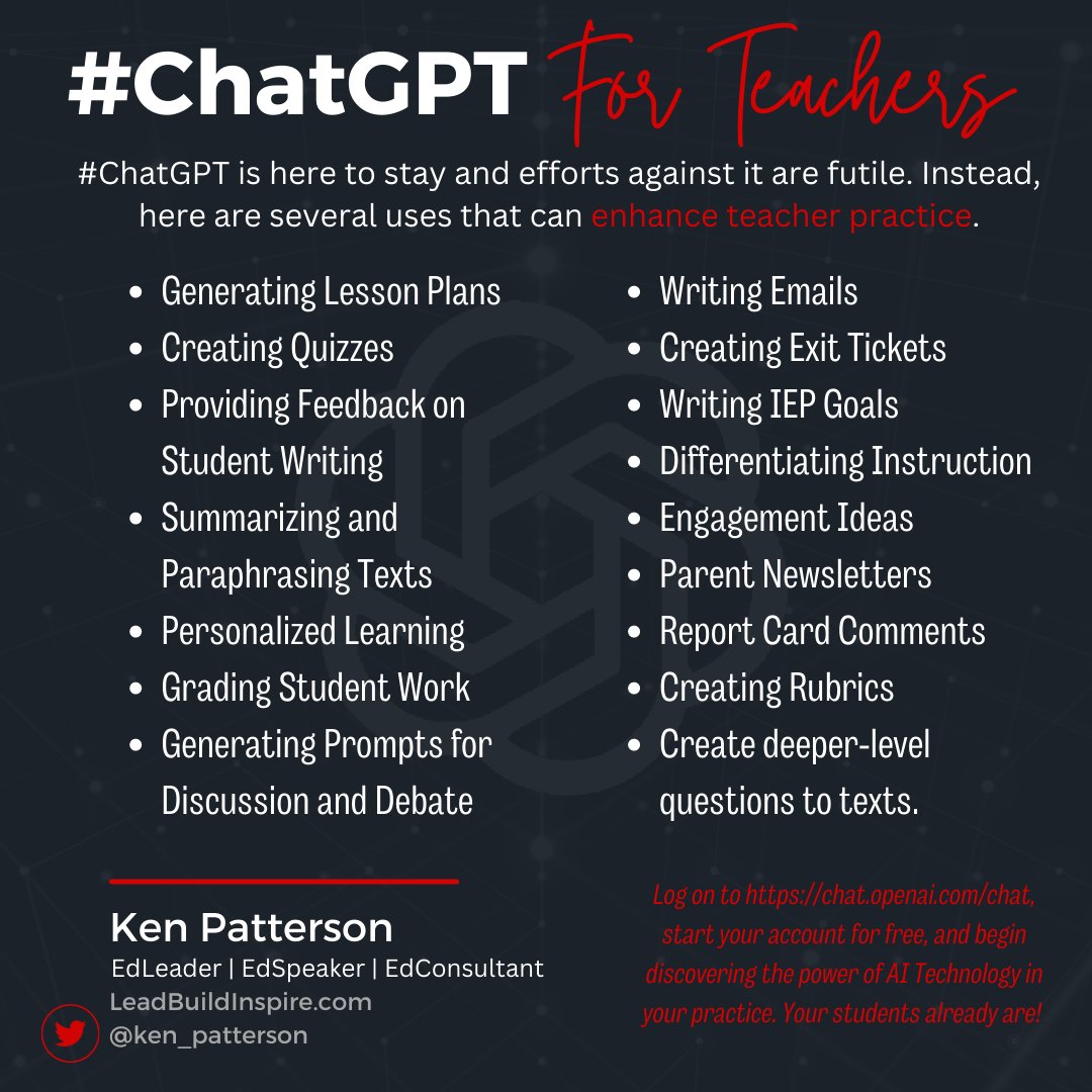 Ken_Patterson's tweet photo. #ChatGPT is here to stay. Instead of panicking, see it as a tool that will absolutely revolutionize your work and practice. Undeniably amazing. I can't get enough. 

#Edchat #EdLeadership #Teachers #K12 #SciChat #EdTech #KidsDeserveIt #ChatGPT #AI4Education #EdReform #MathChat https://t.co/wUYAetvFvO