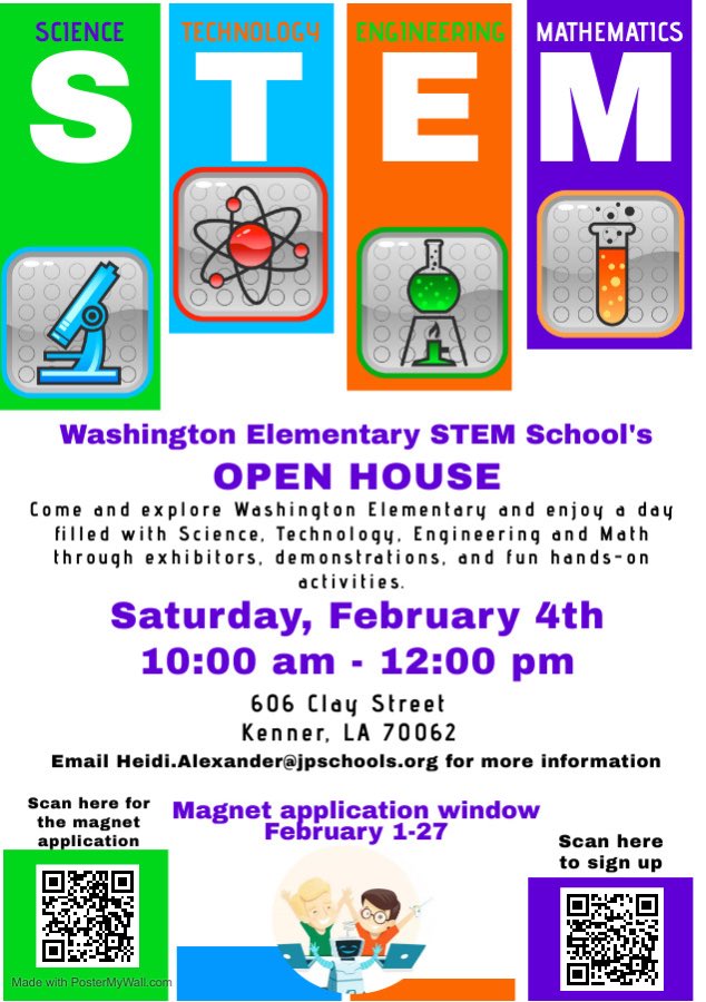 Washington Elementary S.T.E.M. School (@stem_washington) on Twitter photo STEM Saturday/Open House. Sign up using the QR code on the flyer. The magnet application window for the 23-24 school year is 2/1-2/27 #jpschools #STEMeducation <a href="/CityofKenner/">City of Kenner Government</a> STEM Saturday/Open House. Sign up using the QR code on the flyer. The magnet application window for the 23-24 school year is 2/1-2/27 #jpschools #STEMeducation <a href="/CityofKenner/">City of Kenner Government</a>