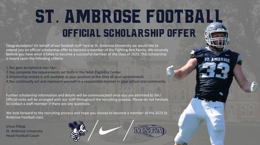 After a conversation with @MMcKay_SAU I am blessed to receive a Official Offer from St. Ambrose @FillippSAU @StRitaFootball @StRitaAthletics