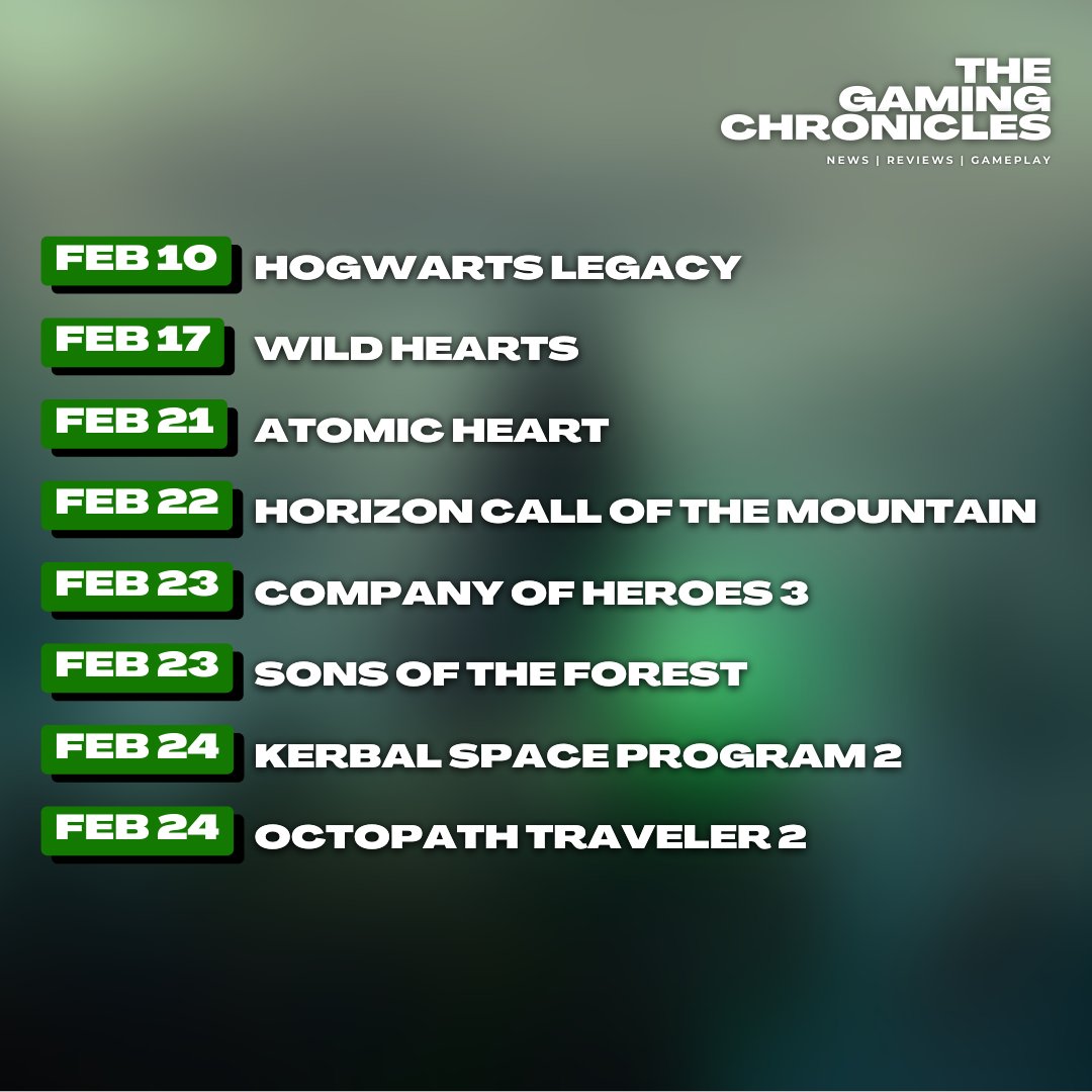 Thgmngchrncls's tweet photo. February is coming in hot with some highly anticipated game releases!

Mark your 🗓️ and get ready to level up 🎮

Which game are you most excited for?

#HogwartsLegacy #wildhearts #AtomicHeart #horizon #CompanyOfHeroes3 #SonsoftheForest #KerbalSpaceProgram2 #OctopathTraveler2 https://t.co/anPOt391ev