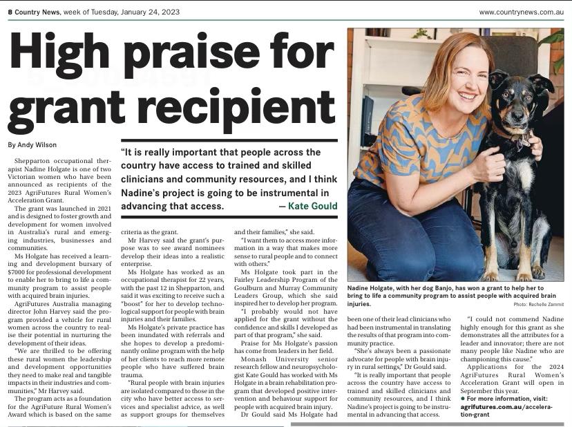 PBSPlusProject's tweet image. So proud of @nadineholgate - one of our fabulously skilled PBS+PLUS practitioners and trainers, winning a 2023 AgriFutures Rural Women&apos;s Acceleration Grant! Nadine will use her funds to advance rural access to rehab services for clinicians and people with #BrainInjury 👏 👏