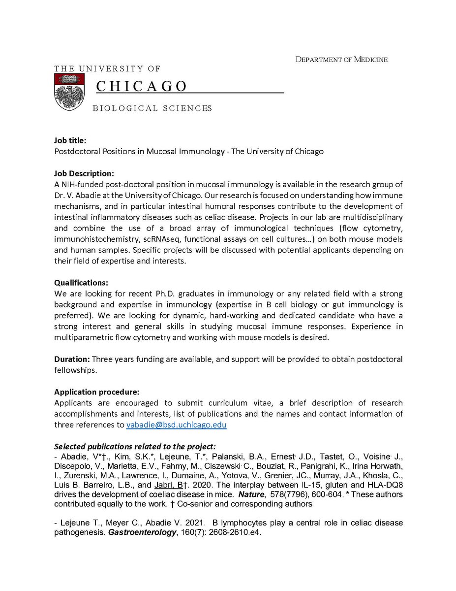 Valerie Abadie (@abadievalerie) on Twitter photo Postdoctoral positions available <a href="/UChicago/">The University of Chicago</a>.
Interested in B cell biology and mucosal immunology, please apply 👇👇👇👇👇 Postdoctoral positions available <a href="/UChicago/">The University of Chicago</a>.
Interested in B cell biology and mucosal immunology, please apply 👇👇👇👇👇