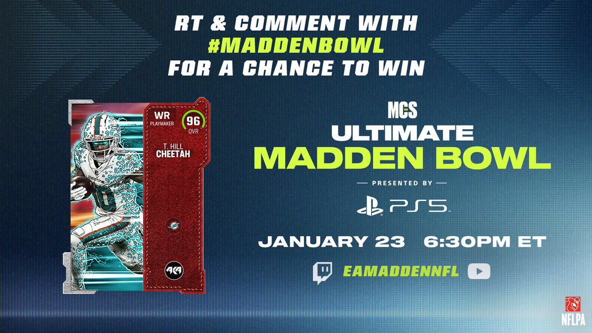 RT &amp; Comment with #MaddenBowl for a chance to win a <a href="/cheetah/">Ty Hill</a> for your MUT team 🐆

Include who you rooting for in the comment for a chance to see the tweet on tonight's #Madden23 MCS broadcast 📺  

6:30PM ET 👇 
Twitch: twitch.tv/eamaddennfl
YouTube: youtube.com/watch?v=HB7fHF…