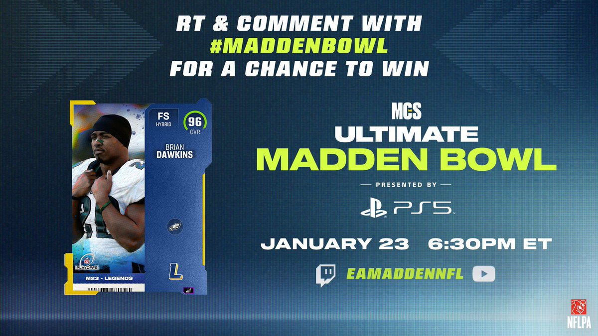 Let’s get it! MCS GIVEAWAY Legend @BrianDawkins 🏉 FOLLOW US + RETWEET FOR A CHANCE TO WIN! 📺 Twitch.tv/EAMaddenNFL #Madden23 #MaddenBowl🏟️ Reply w/ #MaddenBowl for 🍀