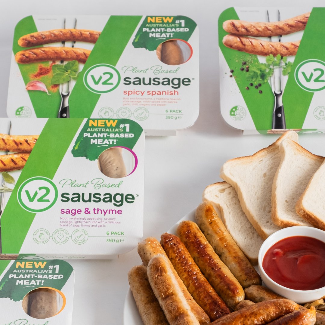 This public holiday add some plant-based to the BBQ with 2 packs of v2sausages for only $17 online only at @colesupermarkets 💥 Available from the 25/01 - 31/01, Sage & Thyme & Spicy Spanish only. Happy days! 🌿 #v2food #v2sausage #plantbased #snags