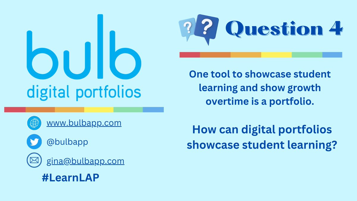 bulbapp's tweet image. Q4: How can digital portfolios showcase student learning? #LearnLAP
#TechLAP #GiftedEDU #tlap #educators #gtchat #txed #nt2v #elemchat #leadership #CrazyPLN #FutureEdChat #LeaderEdChat #t2tchat #digitalportfolios #CTE
