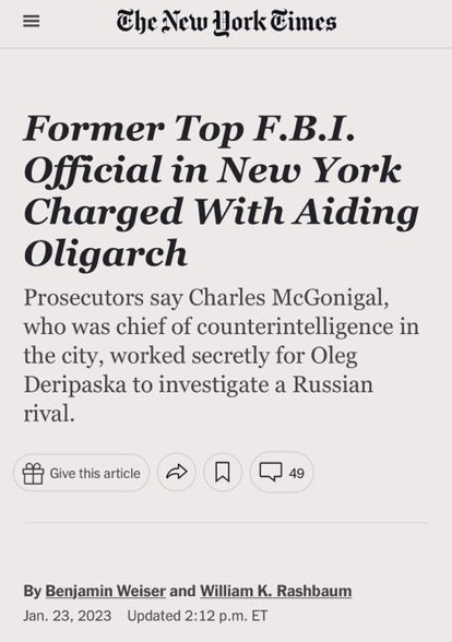 duty2warn's tweet photo. Charles McGonigal, the NY FBI agent in charge of investigating Trump’s Russian collusion, has been indicted as a double agent working for Russia. https://t.co/YEjzjLlUvS