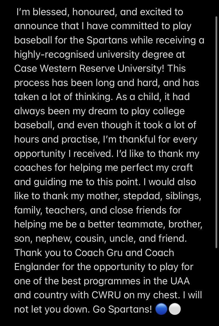 Blessed and honoured to announce that I have committed to further my academic and athletic career at Case Western Reserve University!!

<a href="/MattEnglander/">Matt Englander</a> <a href="/Hardball101/">Stephen Gruenberg</a> <a href="/cwru/">Case Western Reserve</a> <a href="/cwru_baseball/">CWRU Spartans Baseball</a>