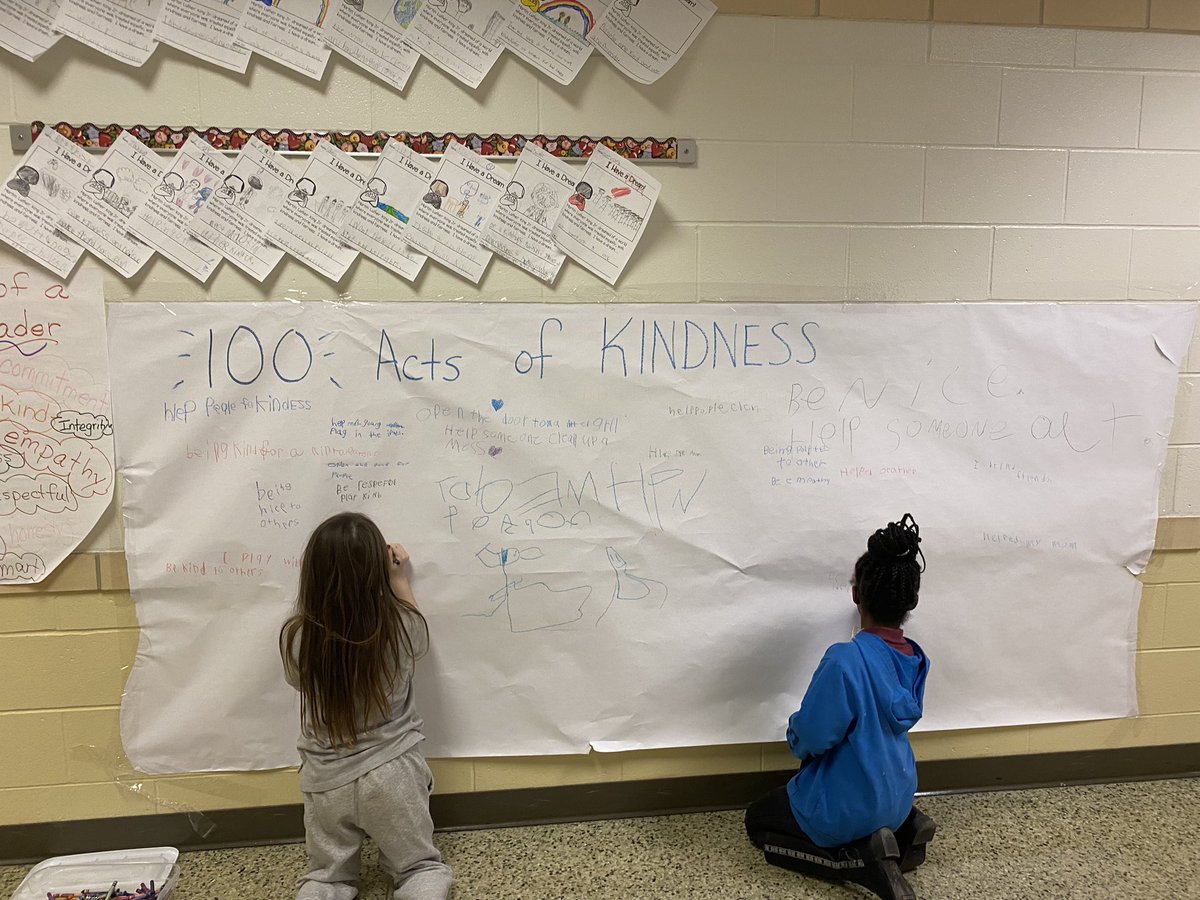 MissReiken's tweet photo. Celebrating 100 days of school in second grade today by listing 100 acts of kindness. @EleanorSkillen1 truly is the kindest school in town! @ButlerCOE https://t.co/jp5arVqY94