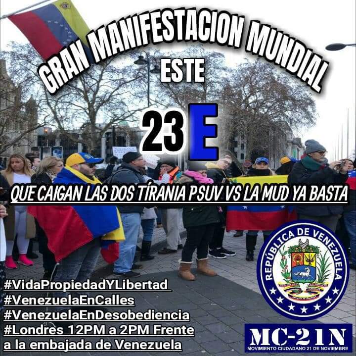 No te quedes en Casa #VenezuelaEnDesobediencia #23E #London #EmbajadaDeVenezuela #TomadaPorLaTiranía #VenezuelaNoVota #MemorialDeLosMàrtiresCaídos Te esperemos 12:00 PM a 2:PM