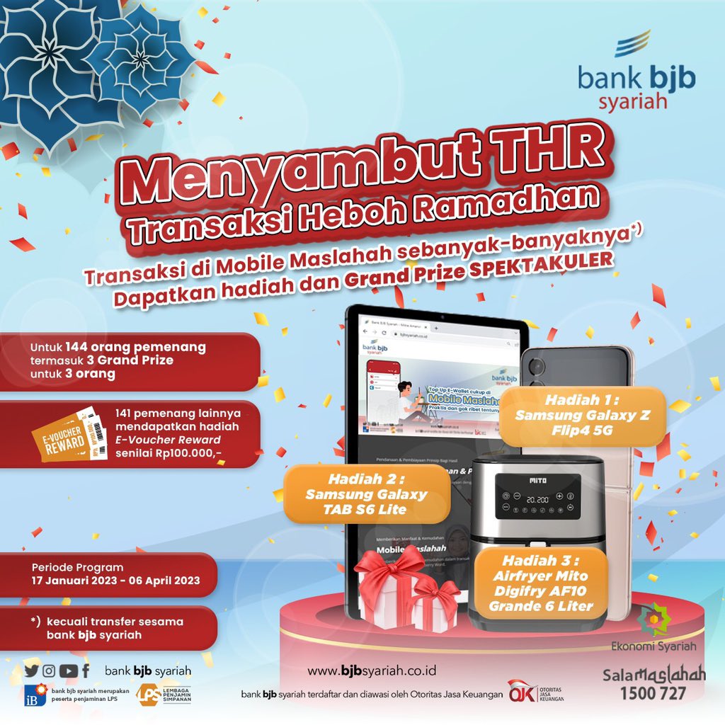 bankbjbsyariah's tweet photo. Assalamualaikum wr.wb, Sobat Maslahah.
Kuyyy,Sob!! Ikuti Program transaksi Purchase & Payment Mobile Maslahah tertinggi sebanyak-banyaknya kecuali transfer sesama bank bjb syariah ya, Sob.
#bankbjbsyariah #mobilemaslahah #perbankansyariah #programberhadiah #evoucher #grandprize https://t.co/UqJsi69nXQ
