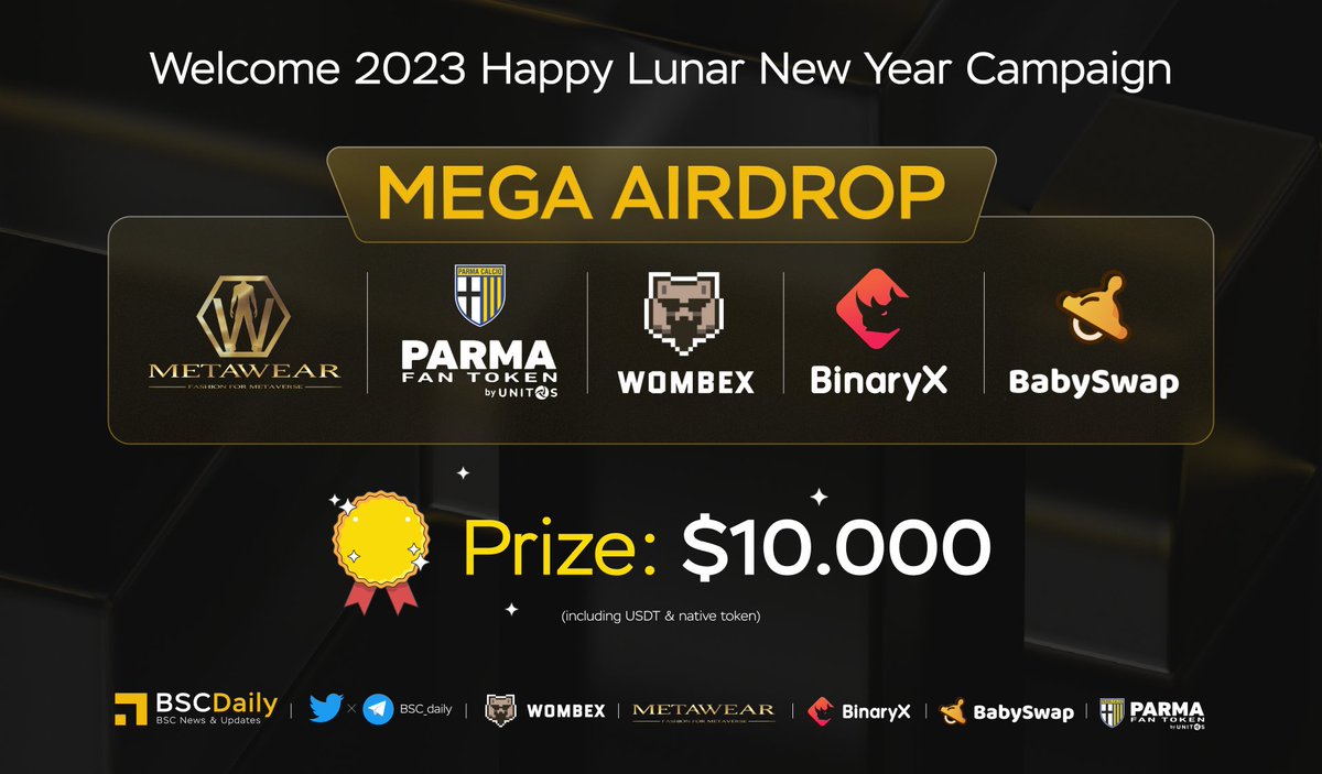 🔥 WELCOME 2023 EXCLUSIVE #AIRDROP with <a href="/metaweartoken/">MetaWear®</a>, <a href="/ParmaCalcio_en/">Parma Calcio 1913</a>, <a href="/babyswap_bsc/">BabySwap</a>, <a href="/binary_x/">Cici</a>, <a href="/WombexFinance/">Wombex</a> 

🚨 How to become winners to share the pool:
     ✅ Mint Galxe OAT: shorturl.at/mzANW
     ✅ Finish Gleam tasks: shorturl.at/dgRSX

#GalxeOAT #Giveaway