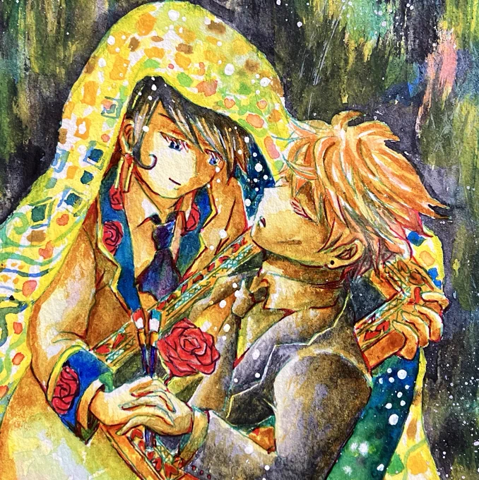 ぼんじゅるございますゆるいの描きつつ水彩も描いてました2人のきちんとしたアナログ絵描きたかったので。絵の中の2人なイメージ。2人の絆というか最大の共通点は絵なので。愛の絵… 