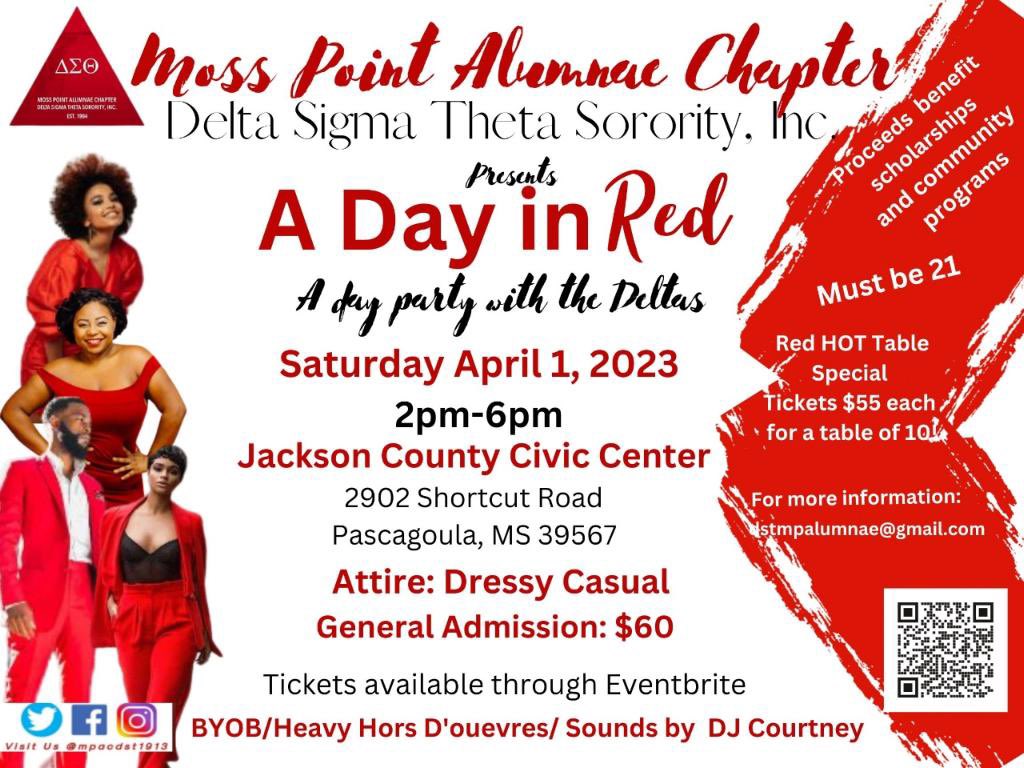 A Day in Red
Pull out your Red attire and party with the MPAC Deltas! Tickets are on sale now with proceeds going to scholarships and community programs!
$60 General Guest Pricing includes selected menu items, entertainment, and an unforgettable party!
eventbrite.com/e/mpac-a-day-i…